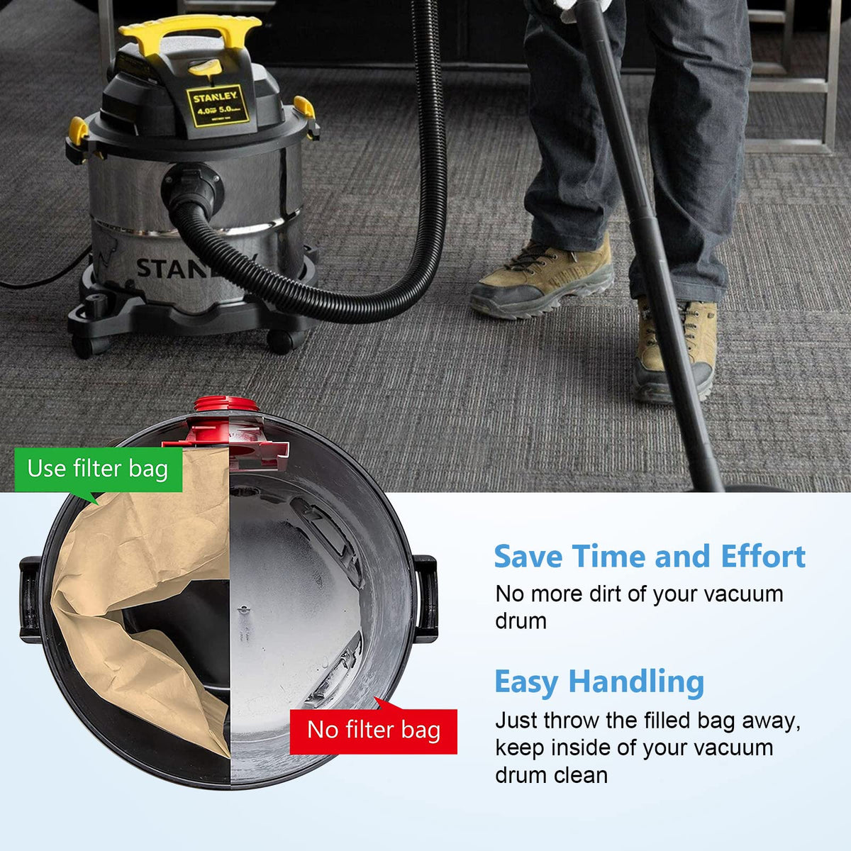 Stanley-compatible 5–6 gallon vacuums with Sgizoku 19-3100 bags in use.