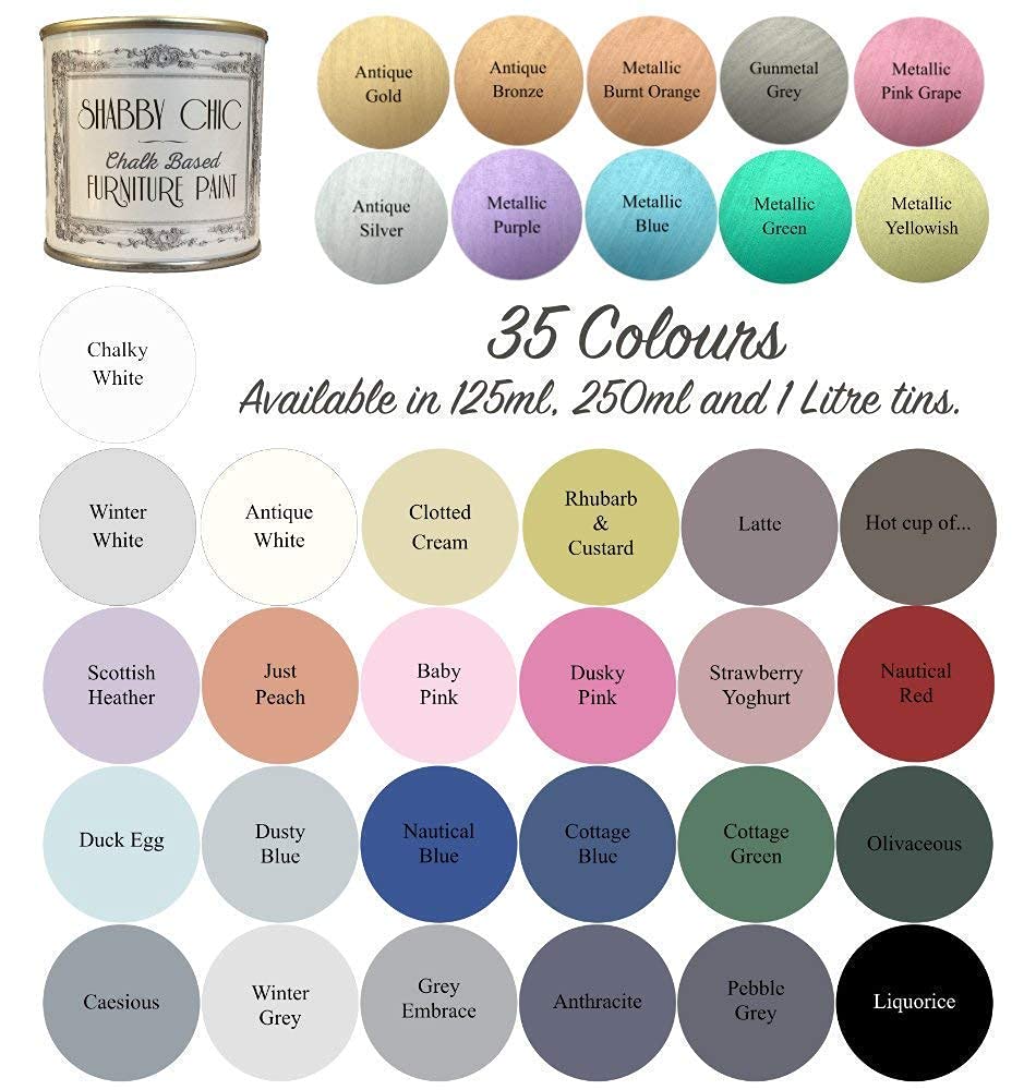Shabby Chic Chalk Based Paint suitable for metal, wood, and plaster surfaces.