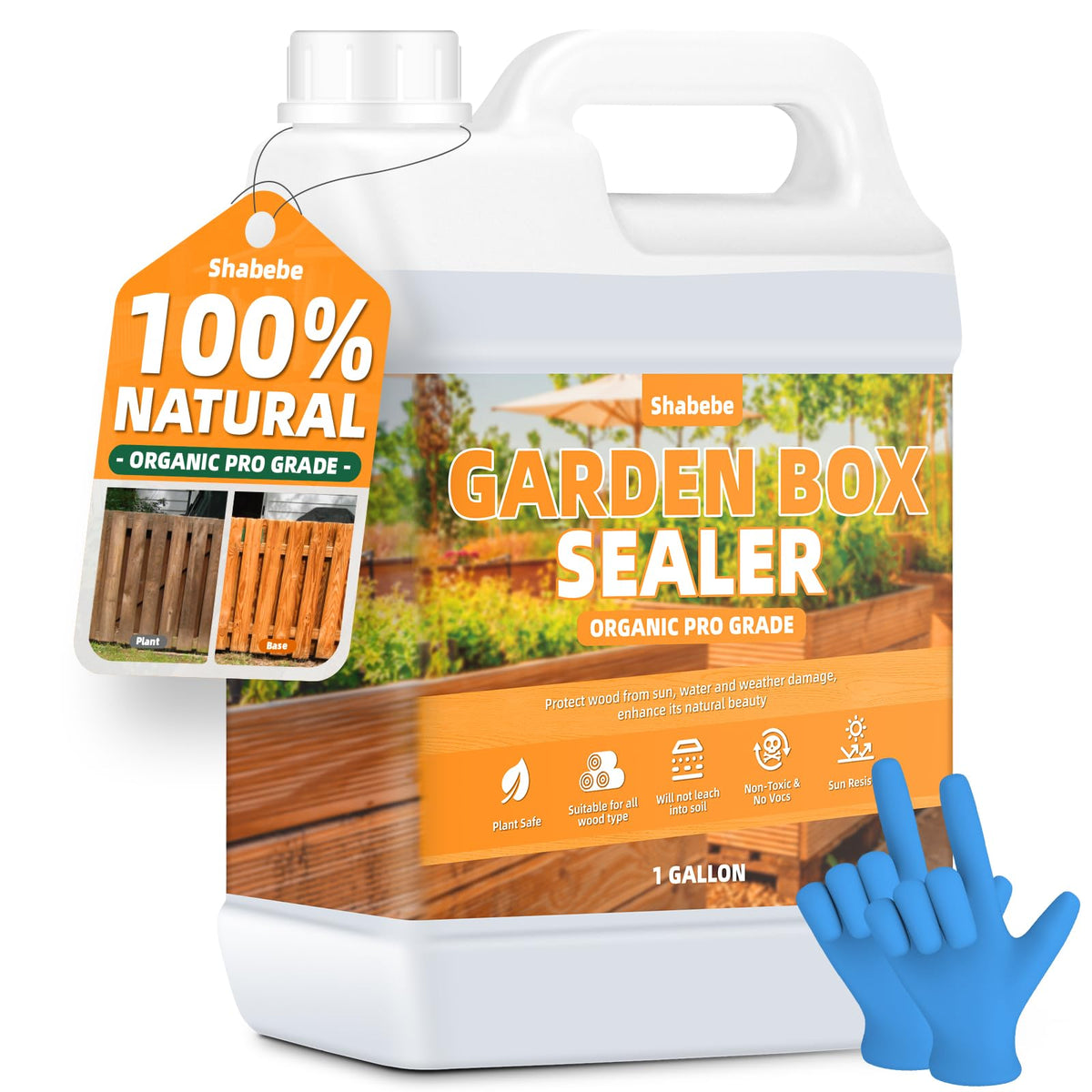Shabebe Garden Box Sealer bottle shows plant-safe formula for gardens.