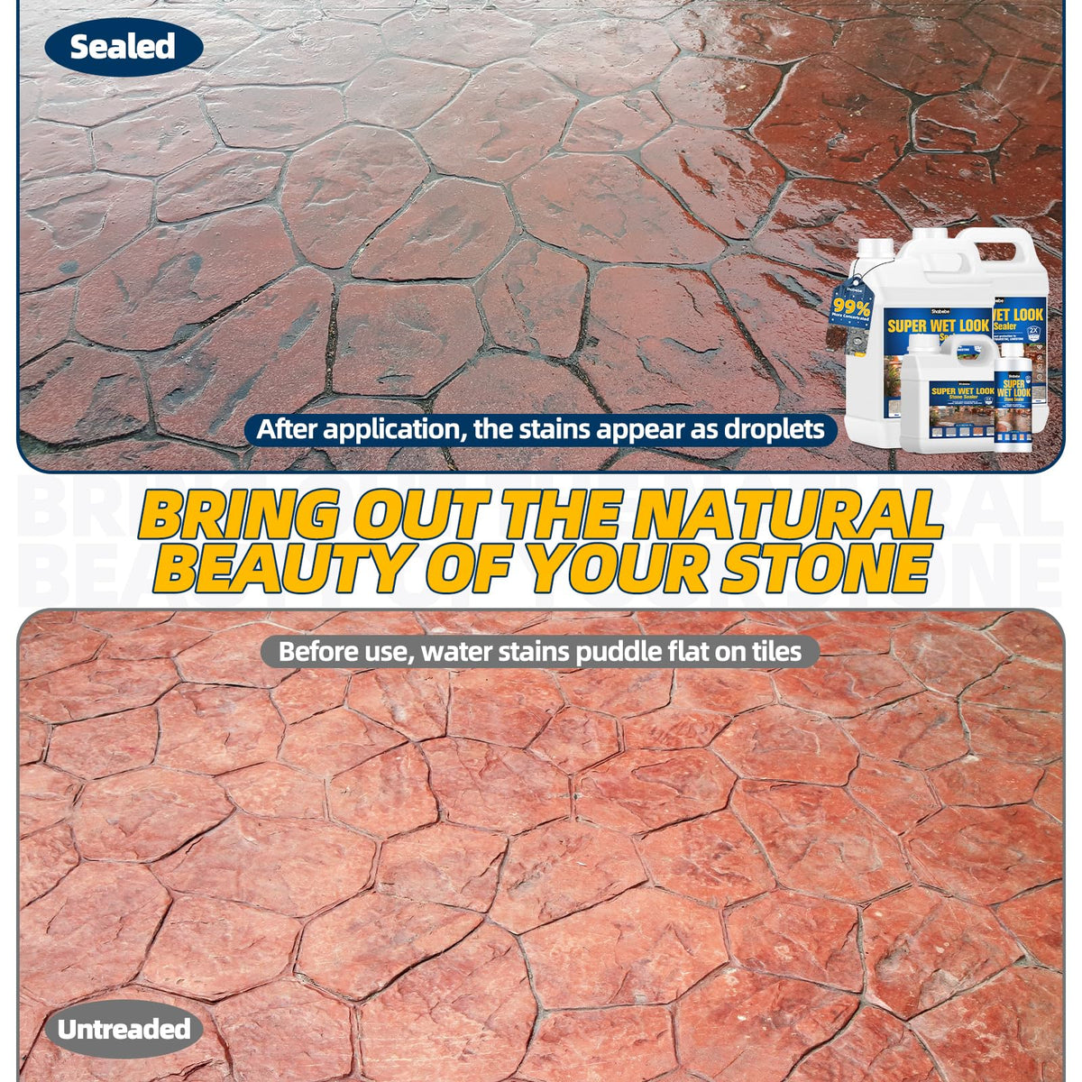 Shabebe stone sealer on driveway highlights water-repellent protection and a deep, natural color boost.