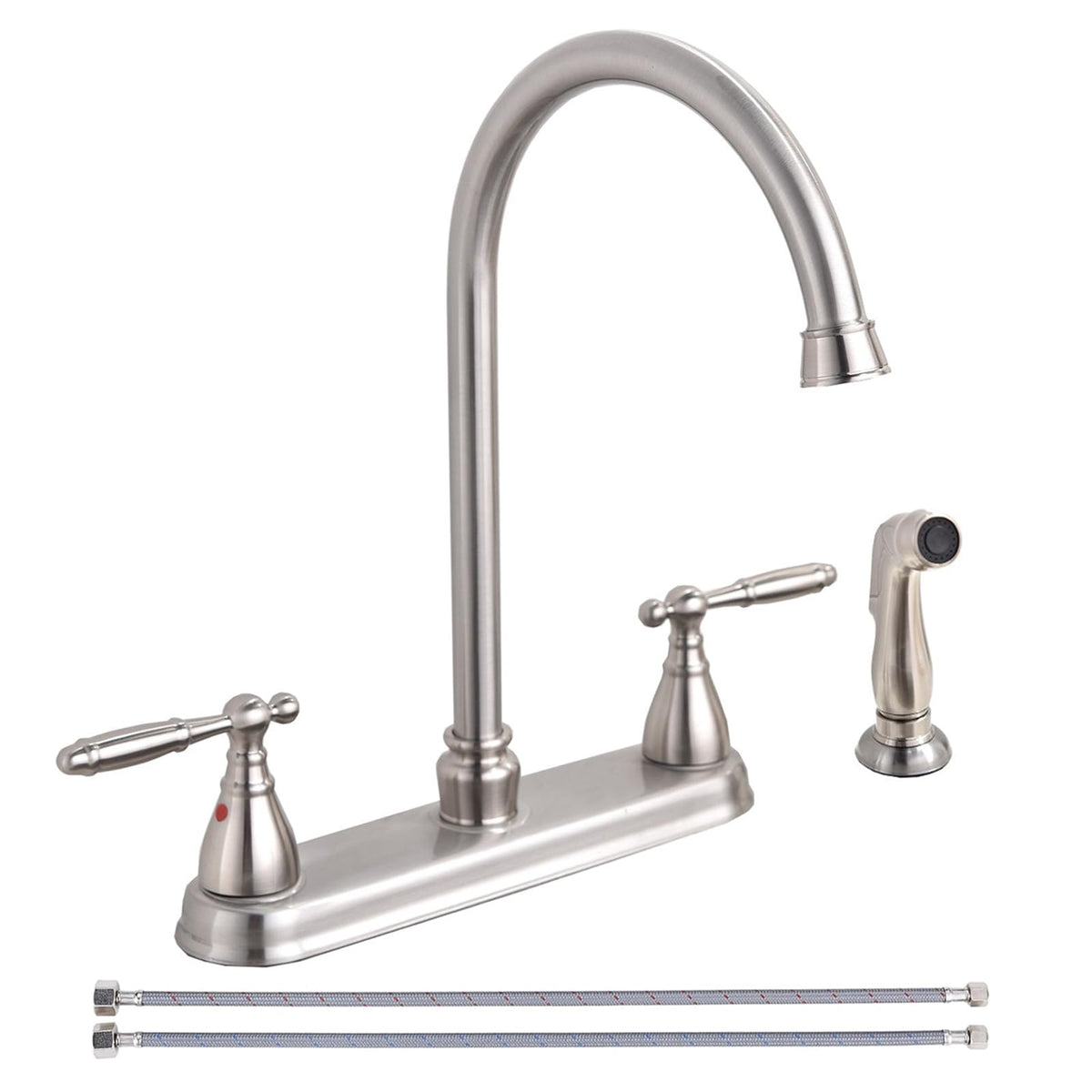 SHACO kitchen faucet close-up with brushed nickel finish and side sprayer for efficient cleaning.