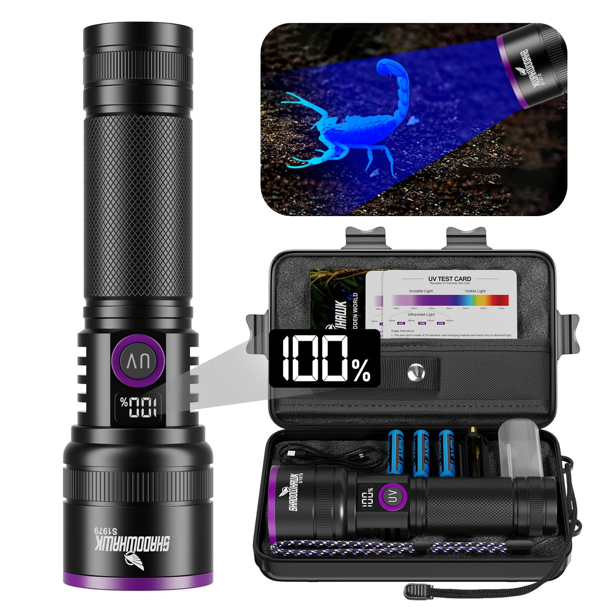 Shadowhawk 365nm UV flashlight with filter lens for high-contrast detection.