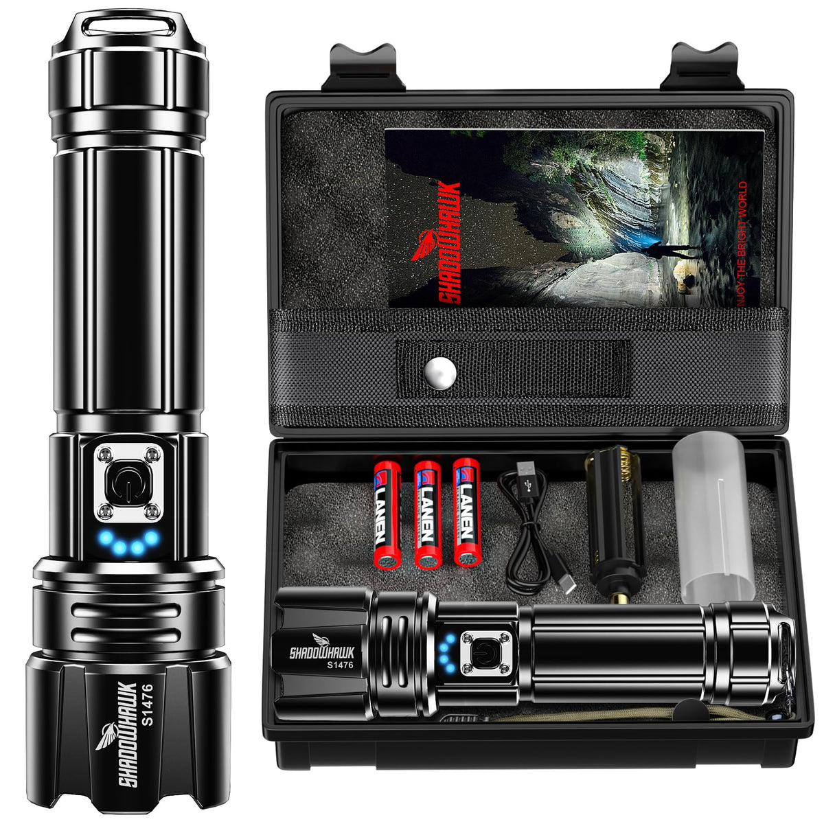 Shadowhawk flashlight 10000 lumens front view highlights power and brightness for any space