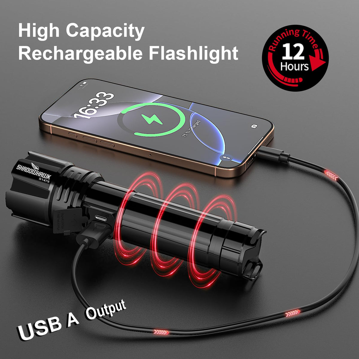 Shadowhawk flashlight battery indicator shows precise level for planned outings
