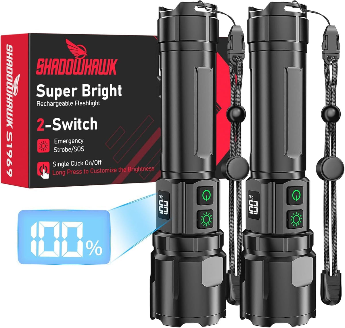 Shadowhawk S1969 two-pack flashlights with a long-range beam for night visibility.