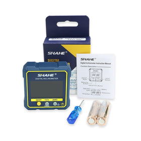 SHAHE digital angle gauge package includes batteries and screwdriver