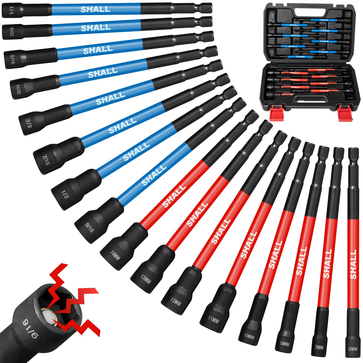 SHALL 16pcs magnetic nut driver set with 6-inch reach for deep fasteners.