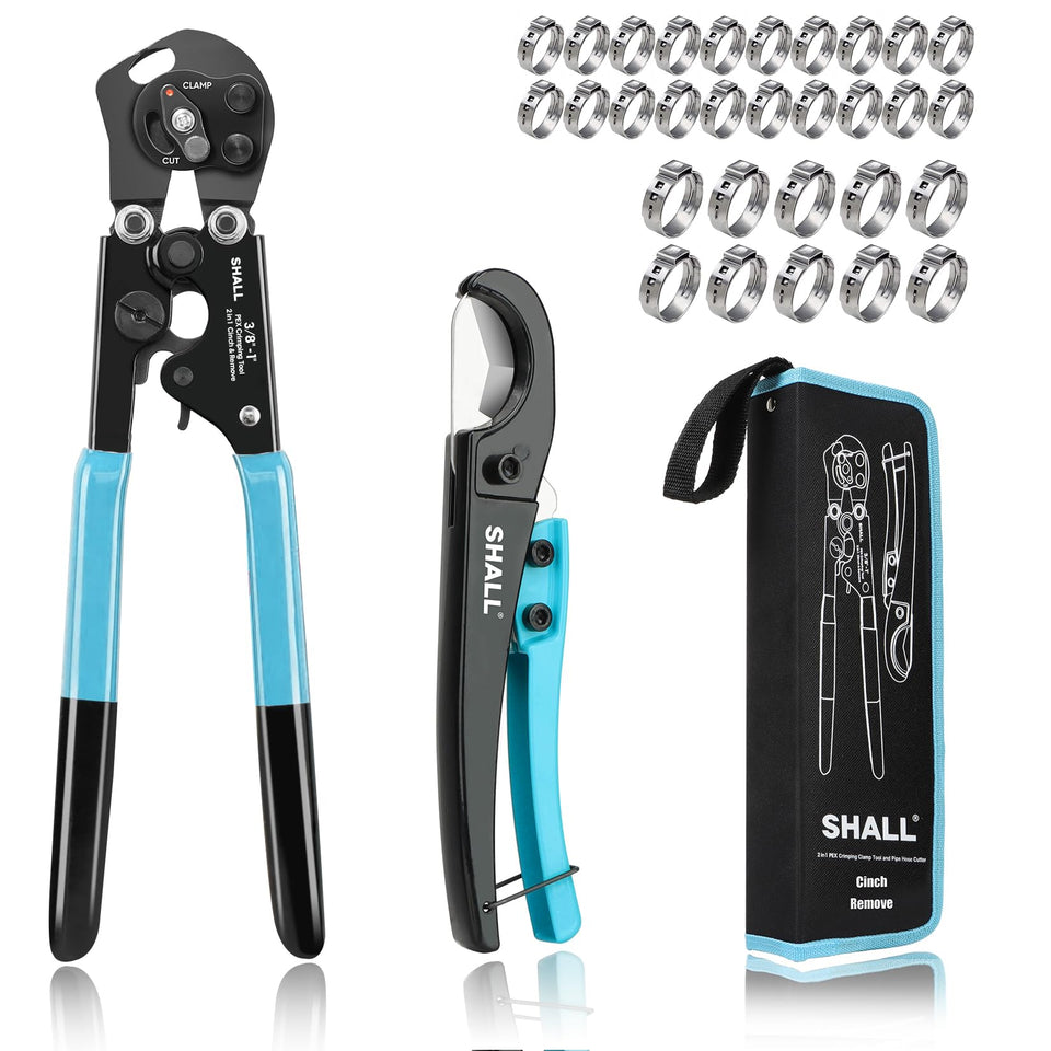 SHALL 2-in-1 PEX clamp tool in use cinches and removes clamps
