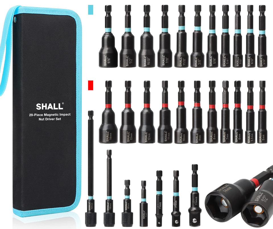 SHALL 29-piece magnetic nut driver set closeup, organized for fast, secure fastening.