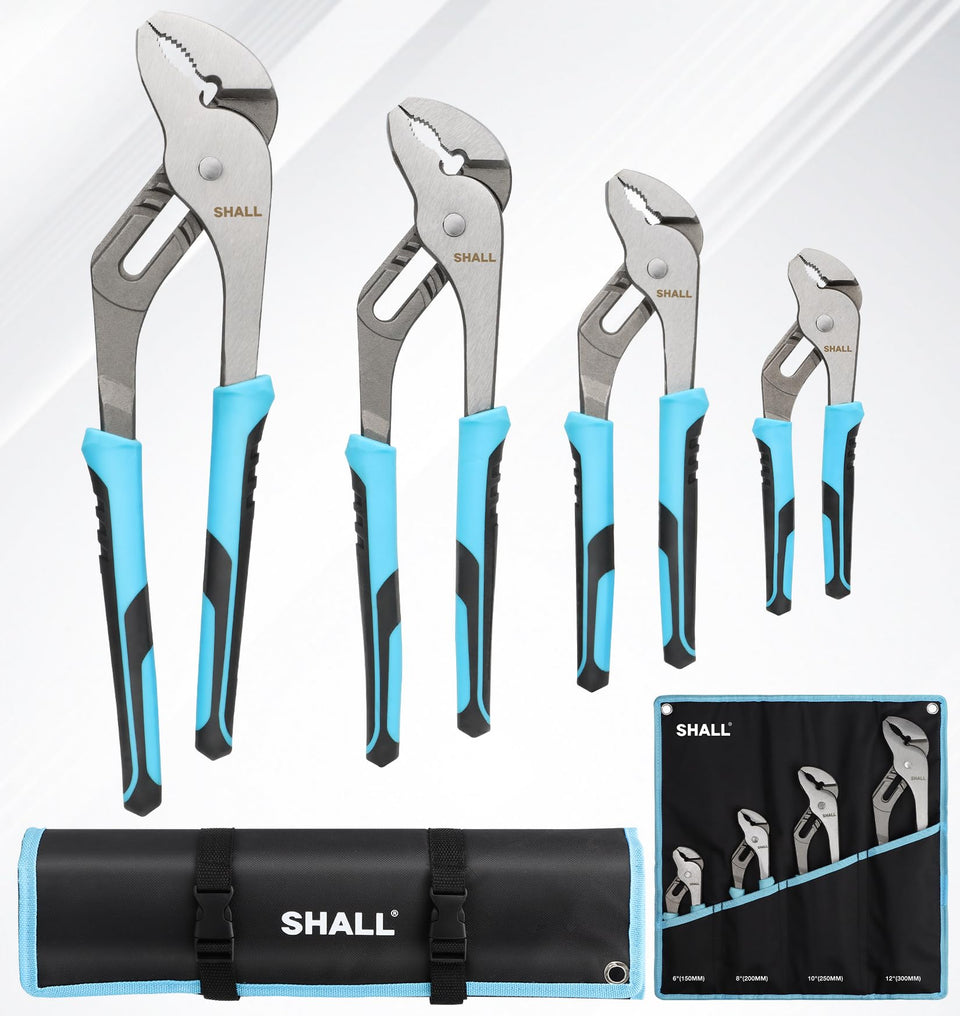 Shall 4-piece groove joint pliers set on display for versatile home repairs