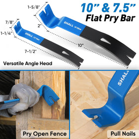 Shall 10-inch flat pry bar for versatile prying in tight spaces.