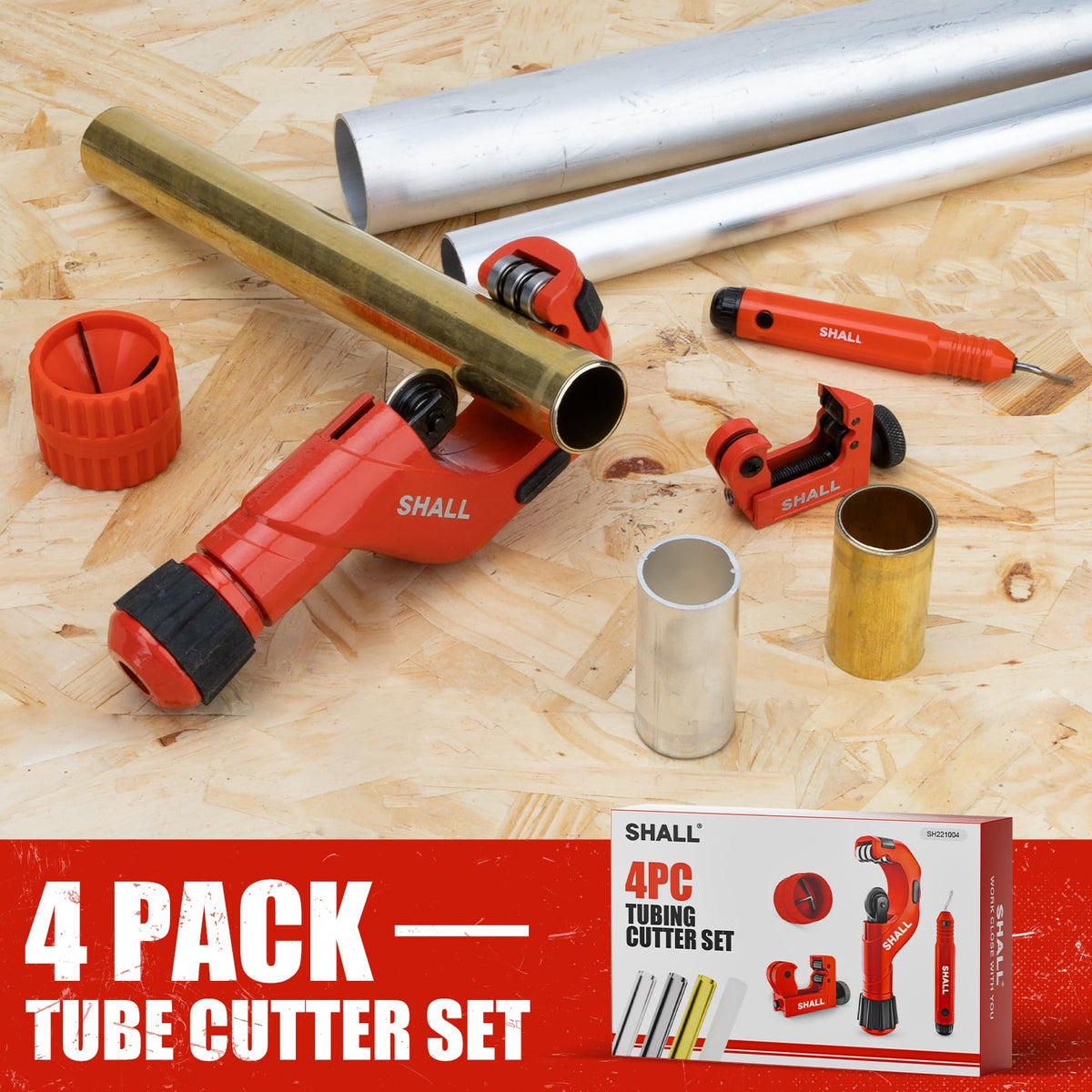 SHALL 4-piece-tubing-cutter-set covers copper, aluminum, stainless steel, and PVC.