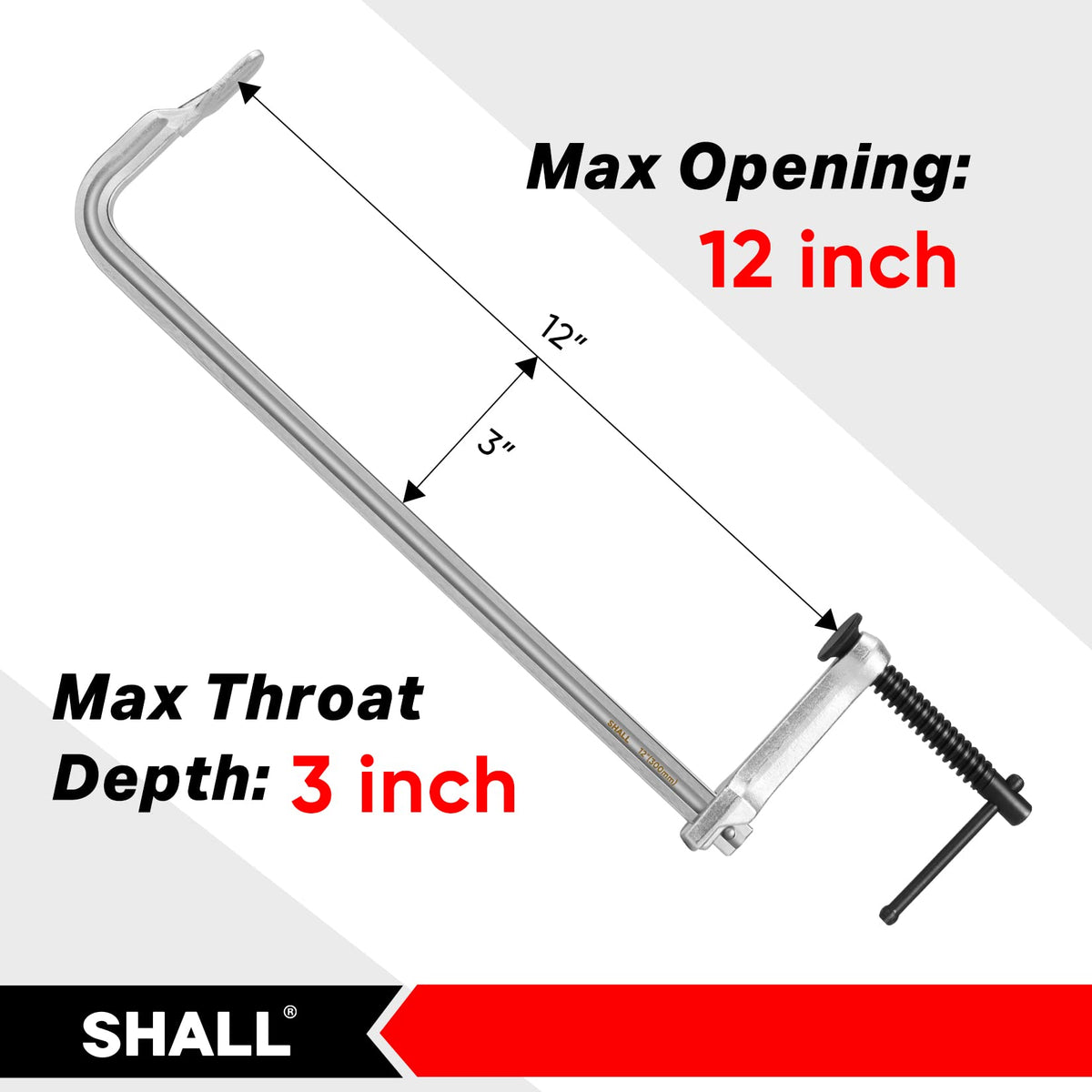 SHALL 12-inch bar clamp showing 3-inch throat depth for tight joints during welding projects
