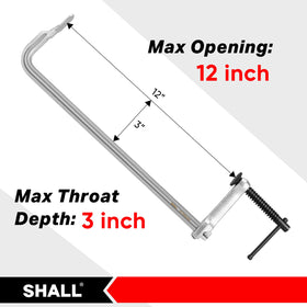 SHALL 12-inch bar clamp showing 3-inch throat depth for tight joints during welding projects