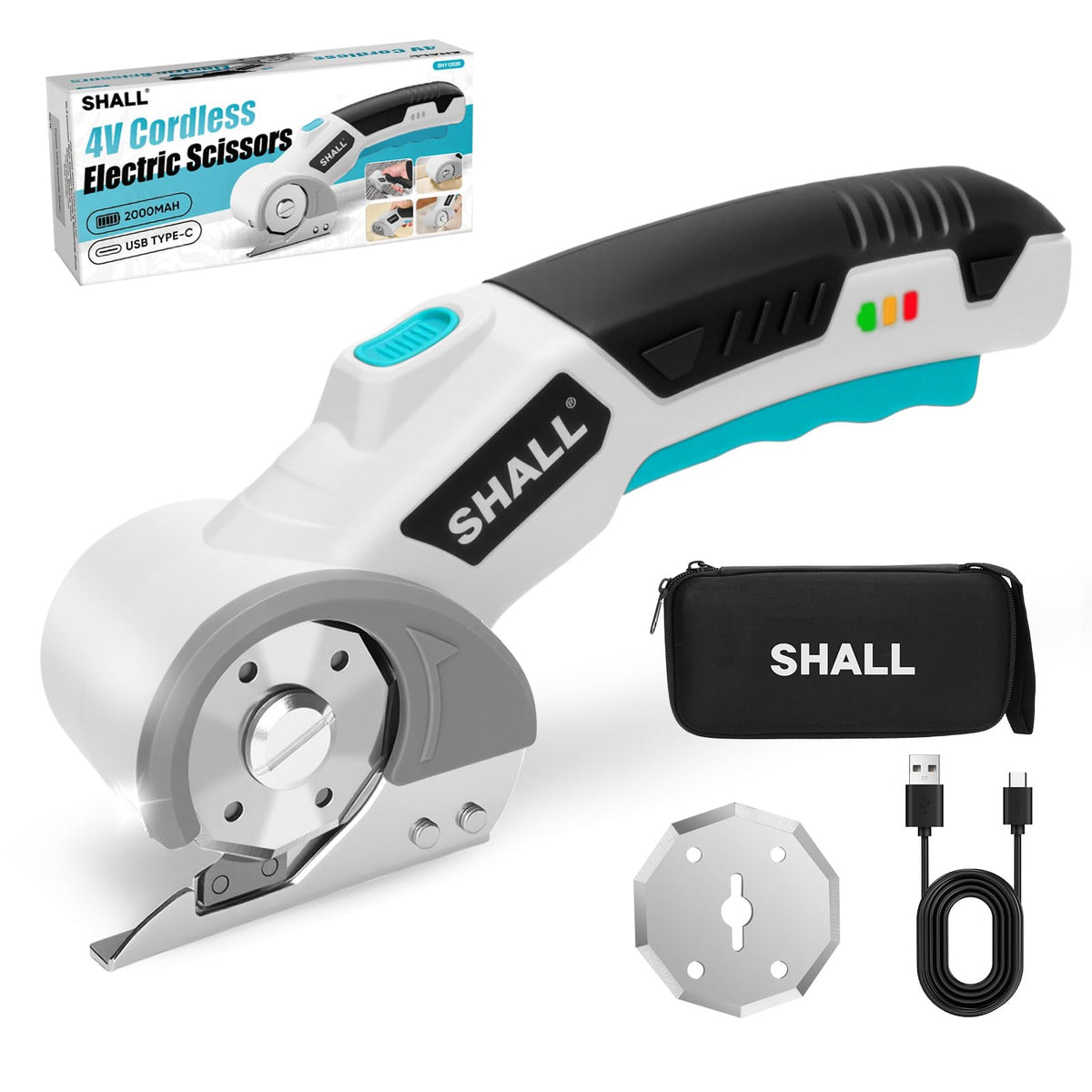 Shall 4V cordless scissors front view with safety lock for precise cutting