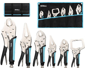 SHALL six-piece locking pliers set with roll-up pouch for organized storage and quick access.