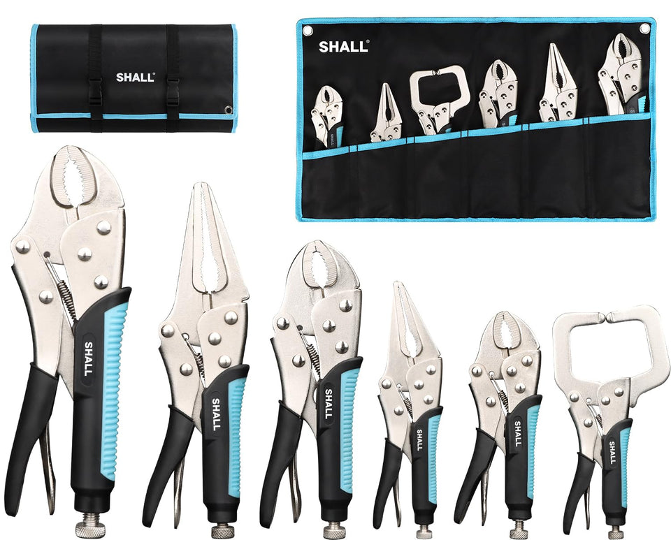 SHALL six-piece locking pliers set with roll-up pouch for organized storage and quick access.
