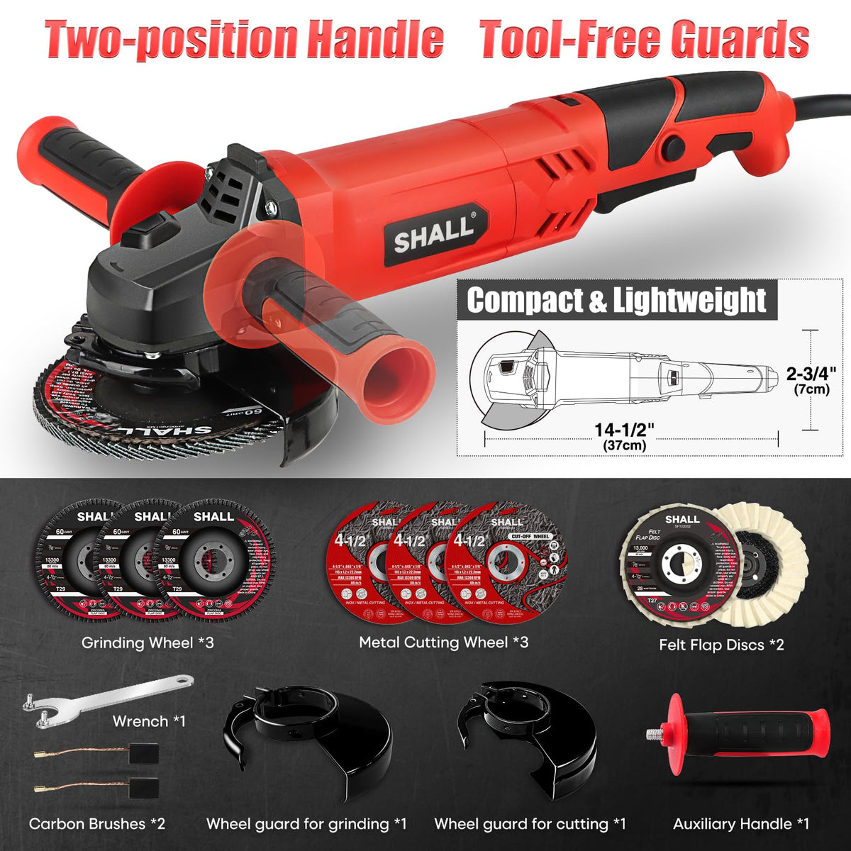 Shall angle grinder reaches 12000 RPM for fast material removal.