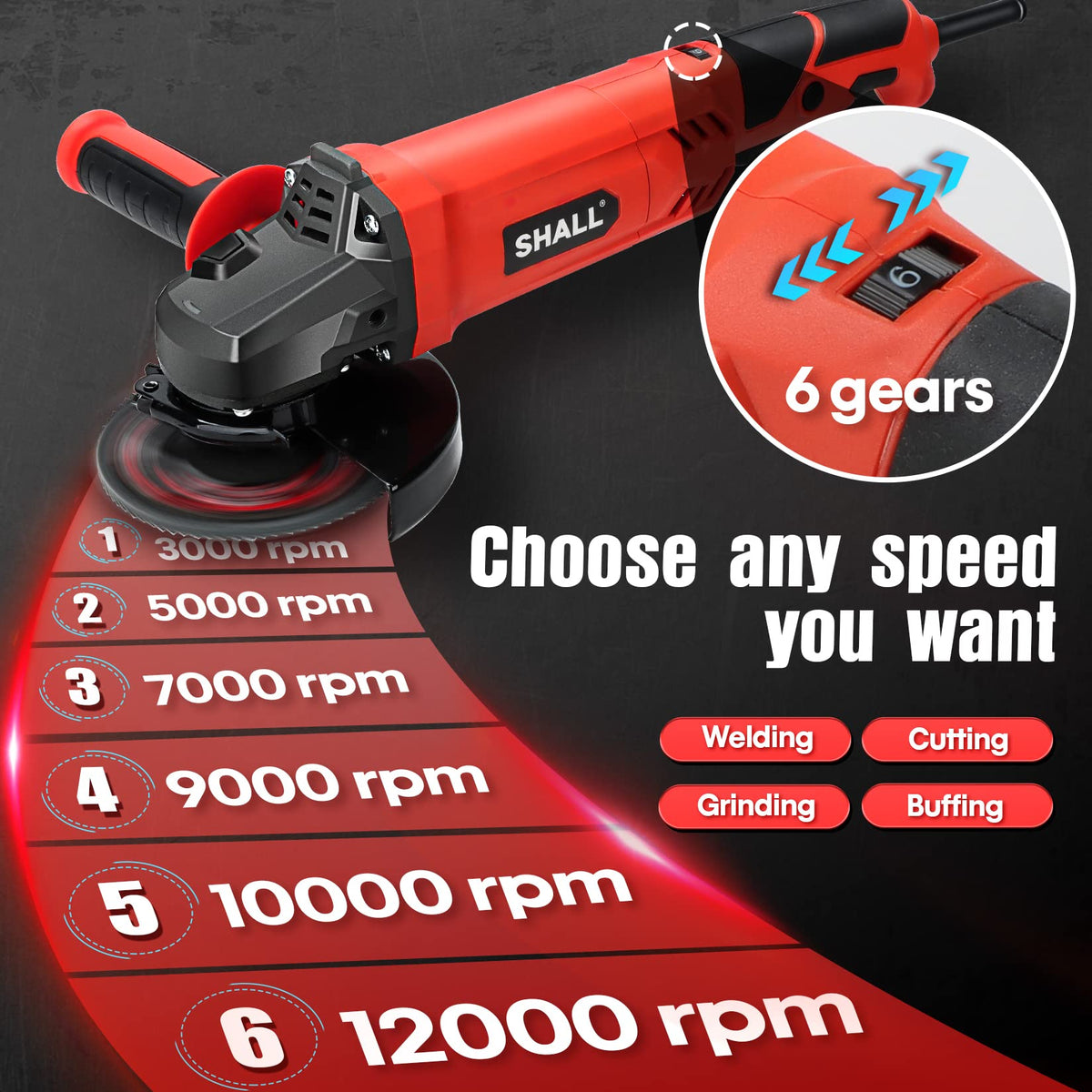 Shall angle grinder side handle in two-position setup for better control.