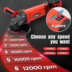 Shall angle grinder side handle in two-position setup for better control.