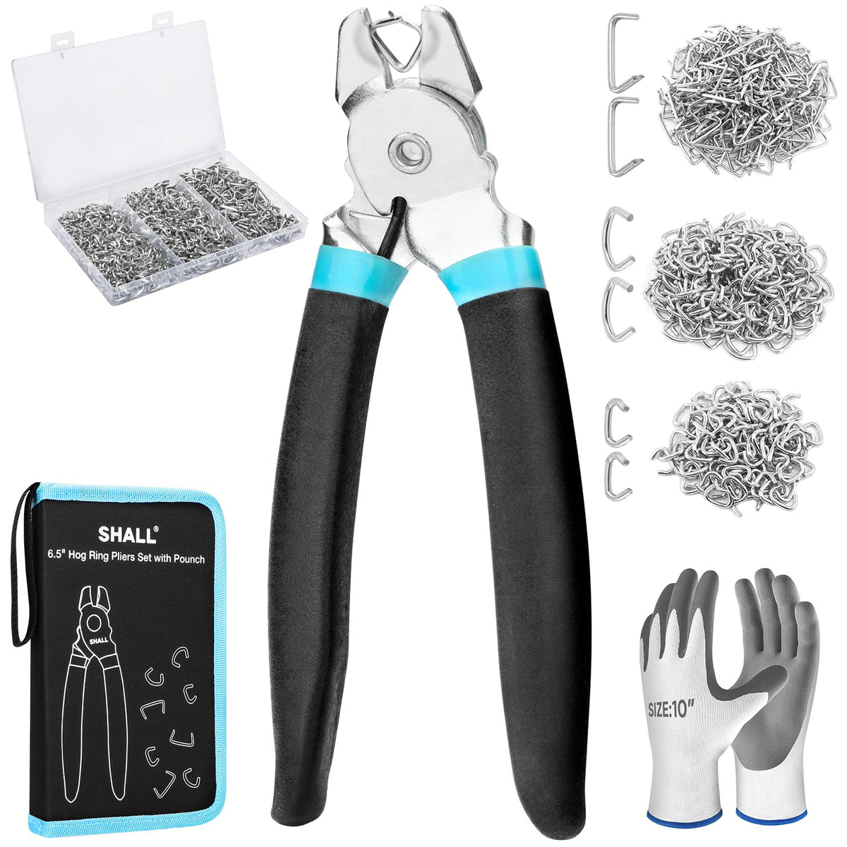Shall Bent Hog Ring Pliers Kit with bent jaws for precise upholstery work