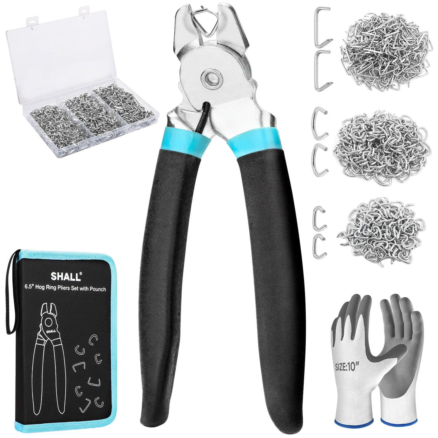 Shall Bent Hog Ring Pliers Kit with bent jaws for precise upholstery work