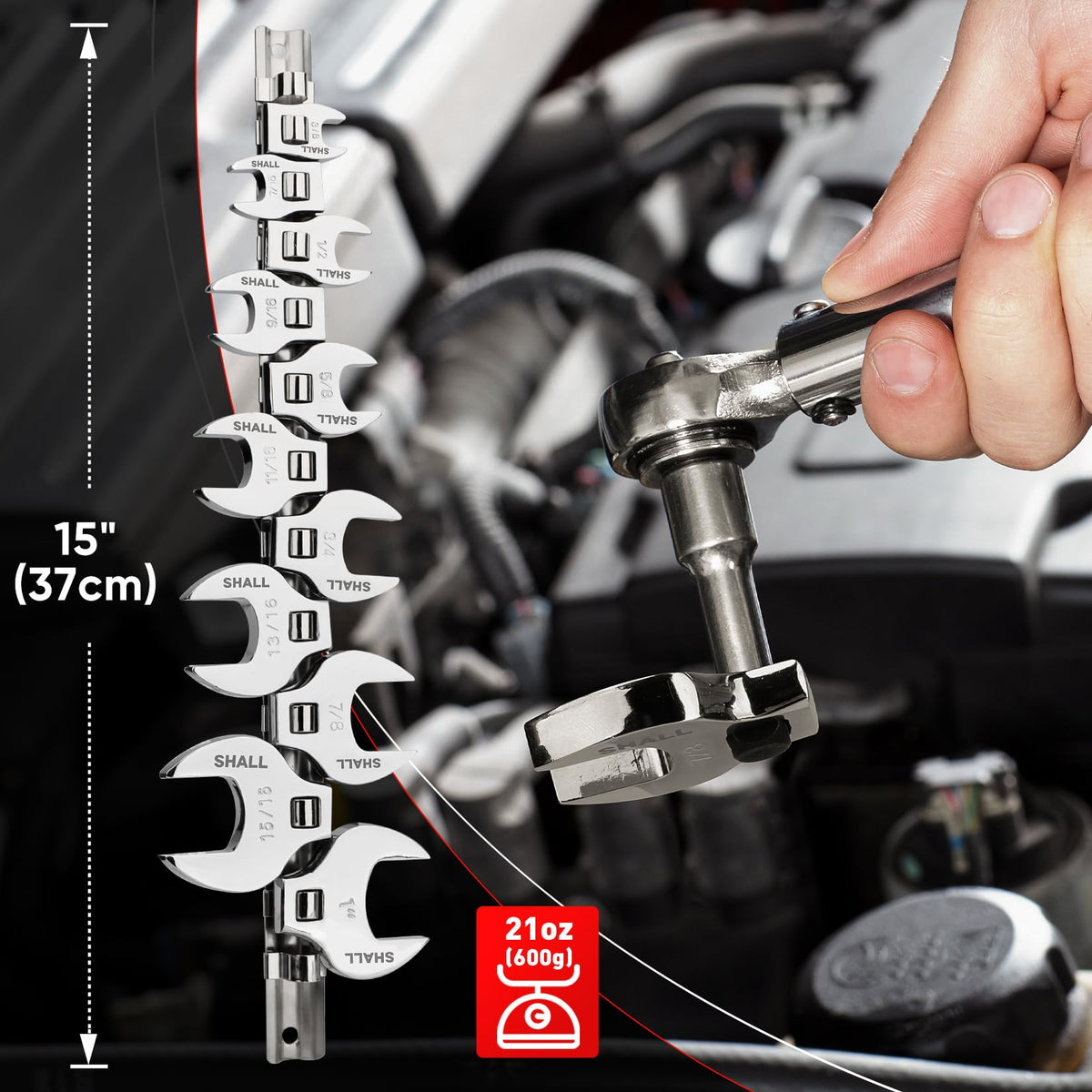 SHALL chrome-plated wrench heads resist rust and wear for longevity.