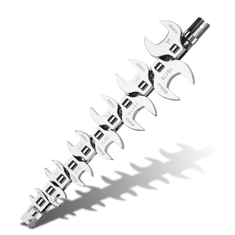 SHALL crowfoot wrench set displayed in clip-on organizer for quick access.