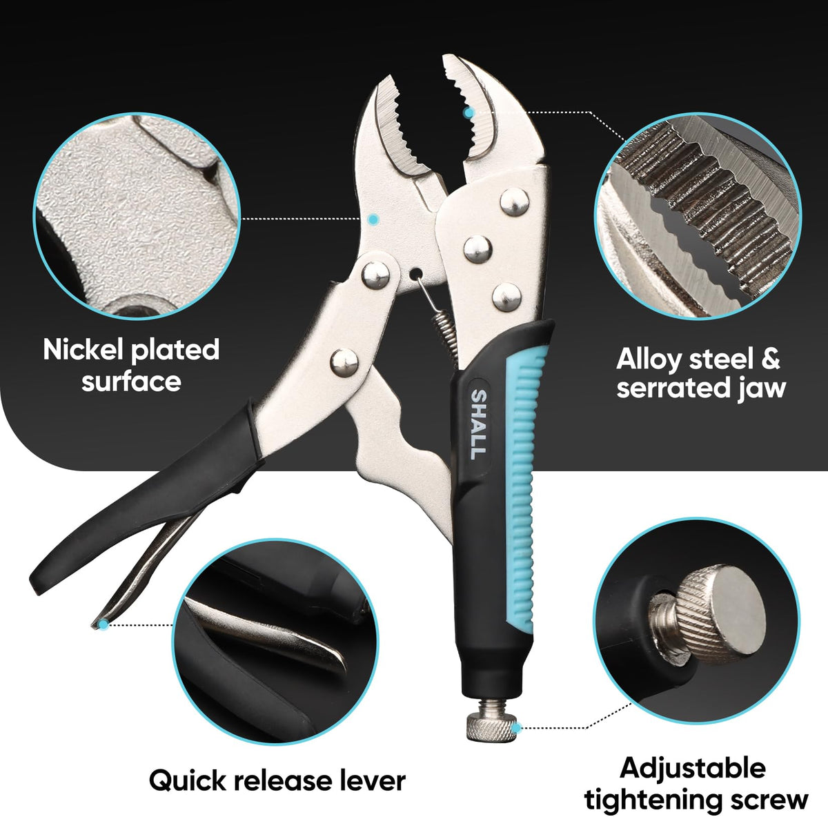 SHALL curved jaw locking pliers demonstrating strong grip on irregular shapes.