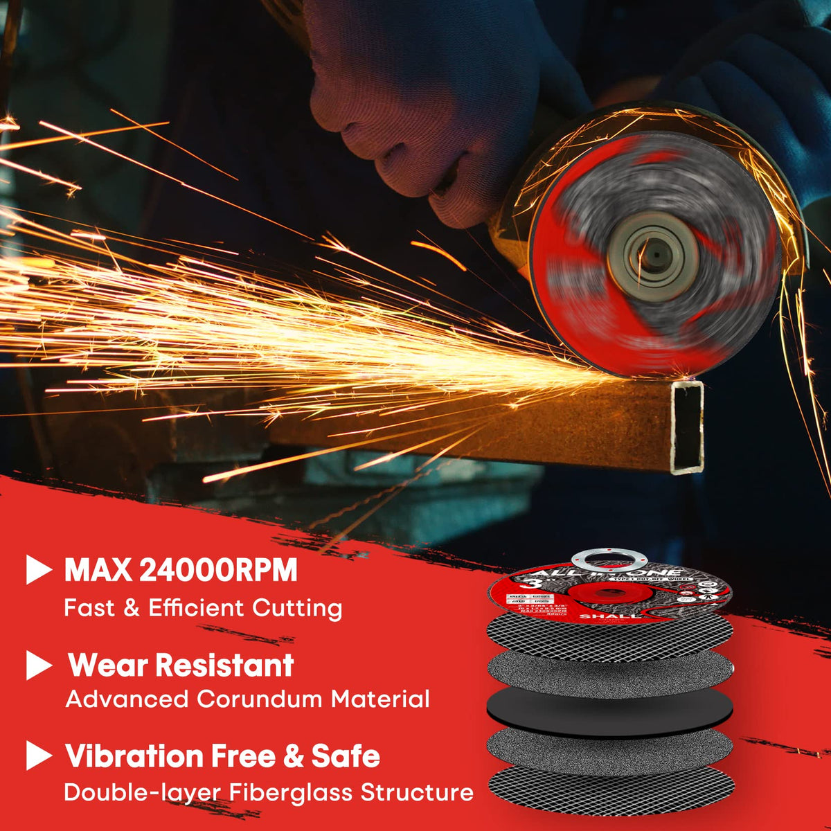 SHALL fiberglass-mesh reinforced cut-off wheels enhance safety during heavy-duty metal cutting.