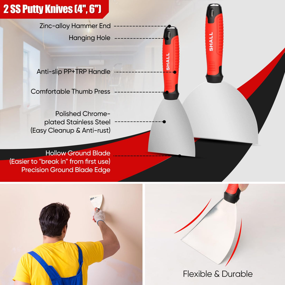 SHALL 8-inch taping knife showing robust stainless steel blade for taping.