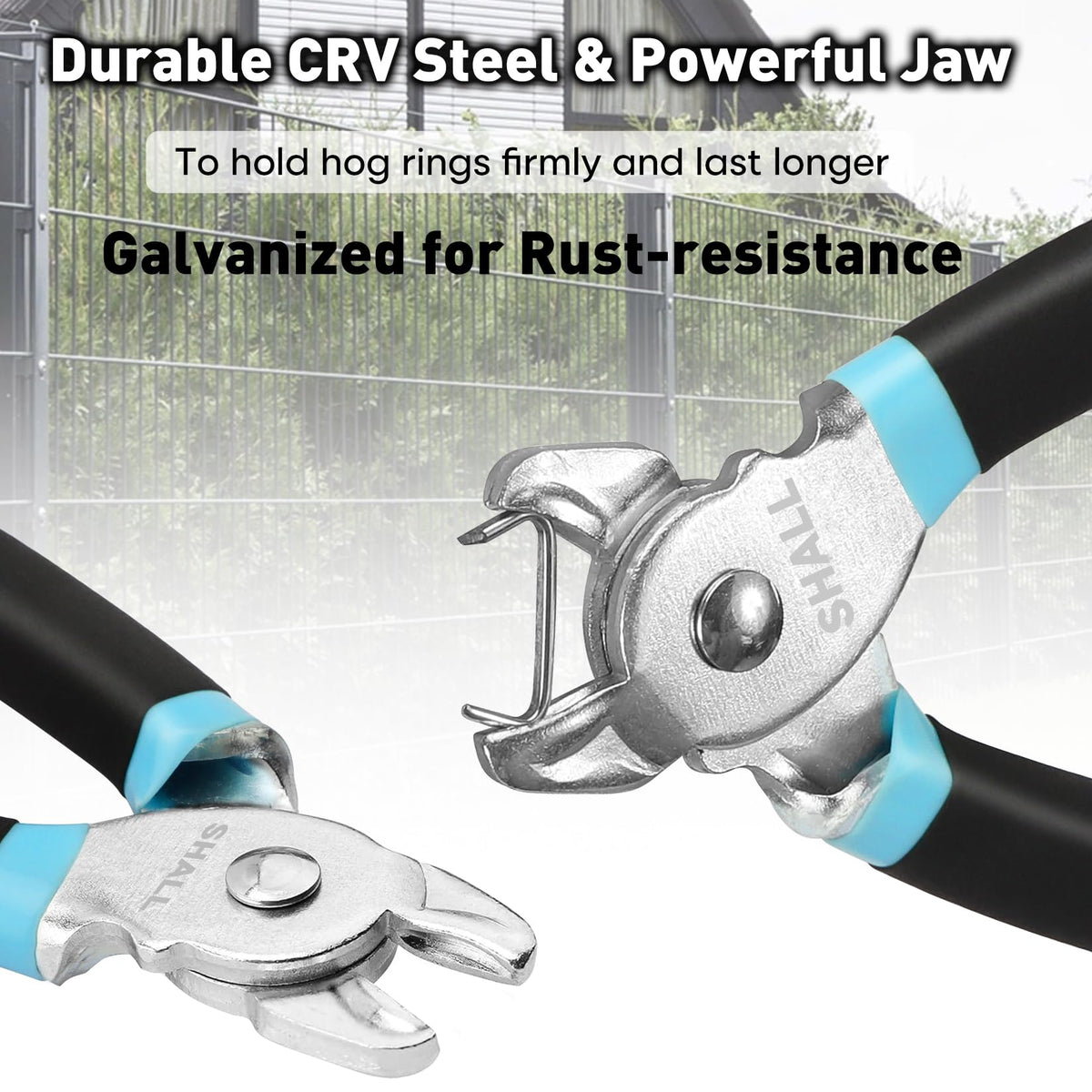 SHALL hog ring pliers jaws close up highlighting durable CRV steel construction.