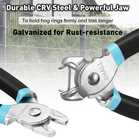 SHALL hog ring pliers jaws close up highlighting durable CRV steel construction.