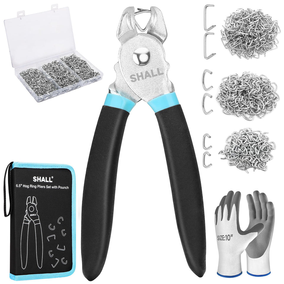 SHALL hog ring pliers kit shown as the primary tool for upholstery and fencing projects.