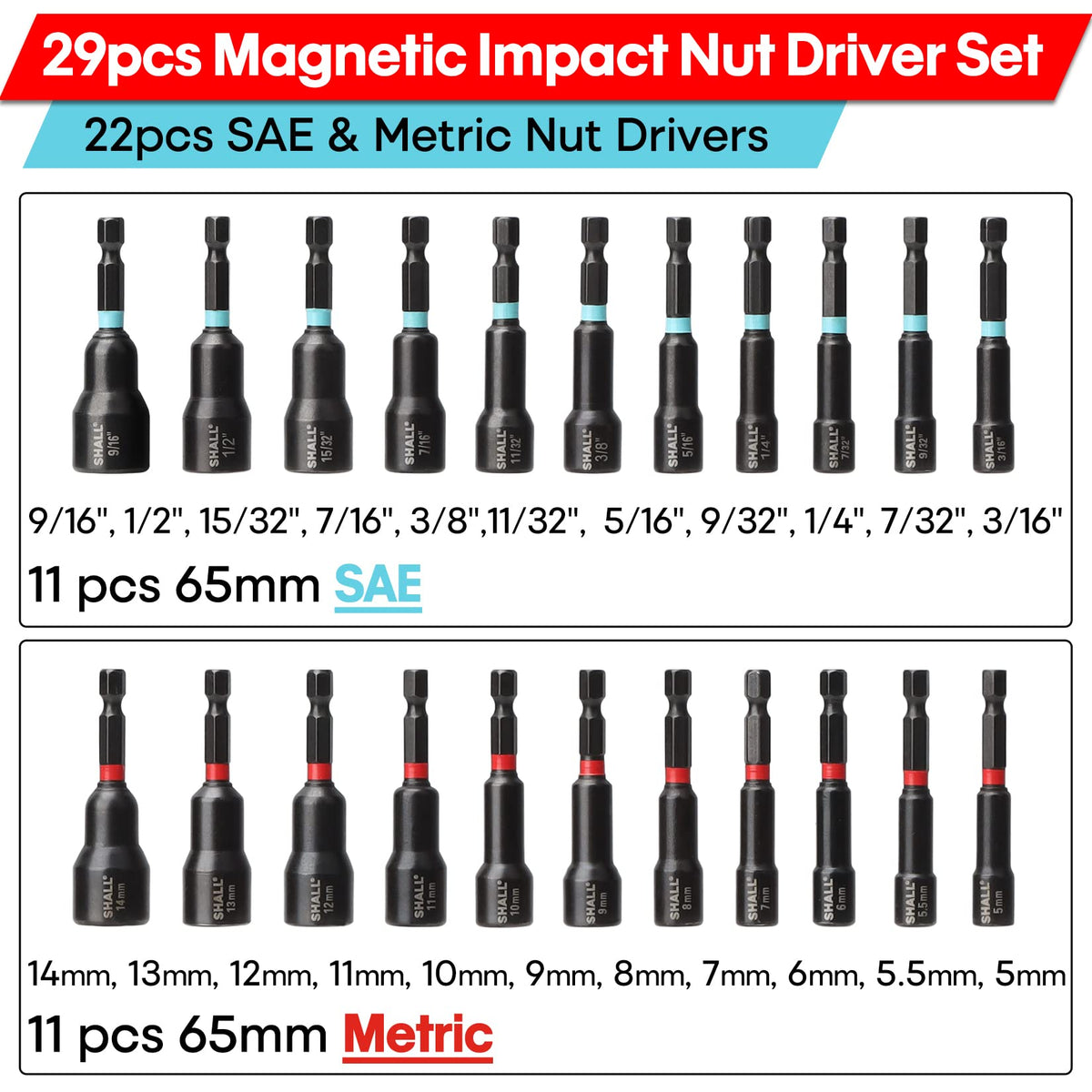 SHALL metric 11-piece nut drivers with red coding for quick size recognition.