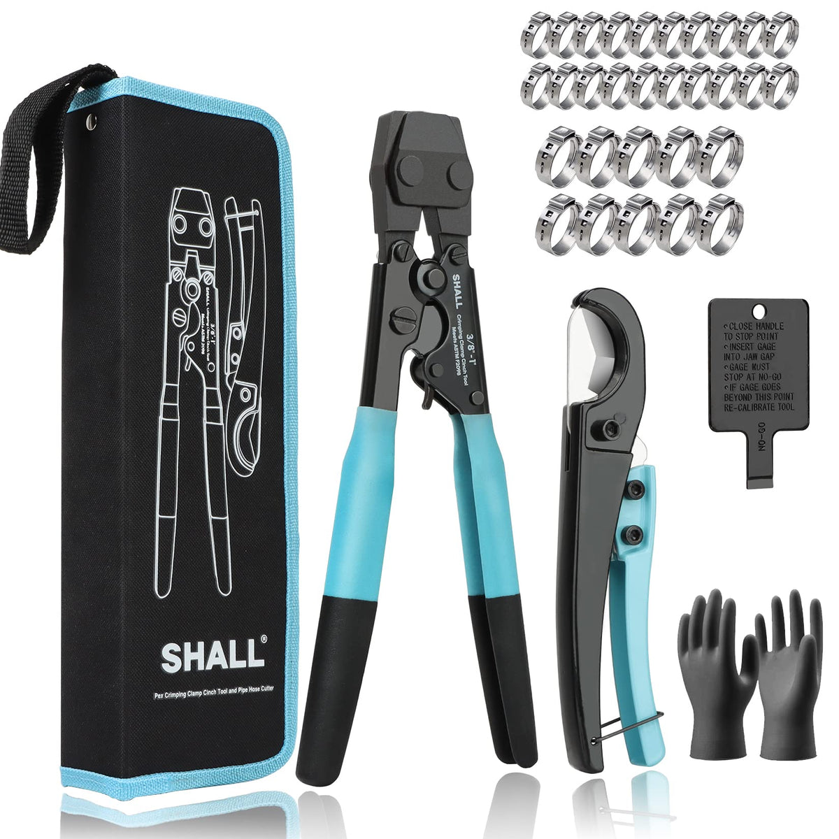 Shall Pex clamp cinch tool for universal crimping on 3/8"–1" clamps.