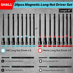 Shall SAE nut drivers from 1/4 to 9/16 inch for quick, secure fastenings.