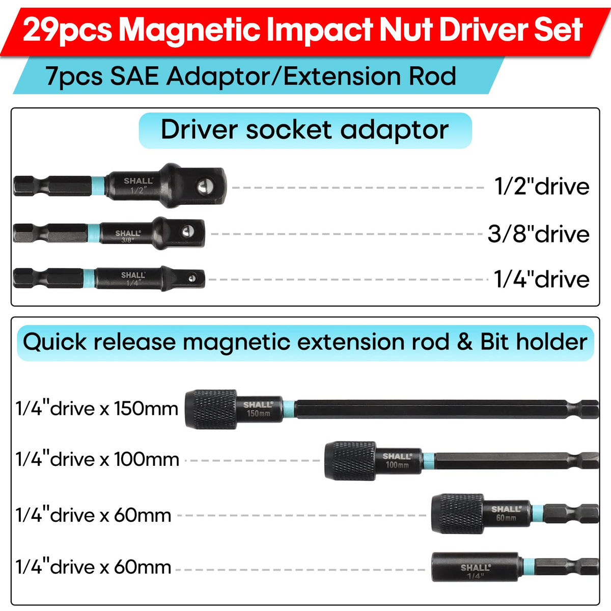 SHALL SAE 11-piece nut drivers in blue coding for easy identification.