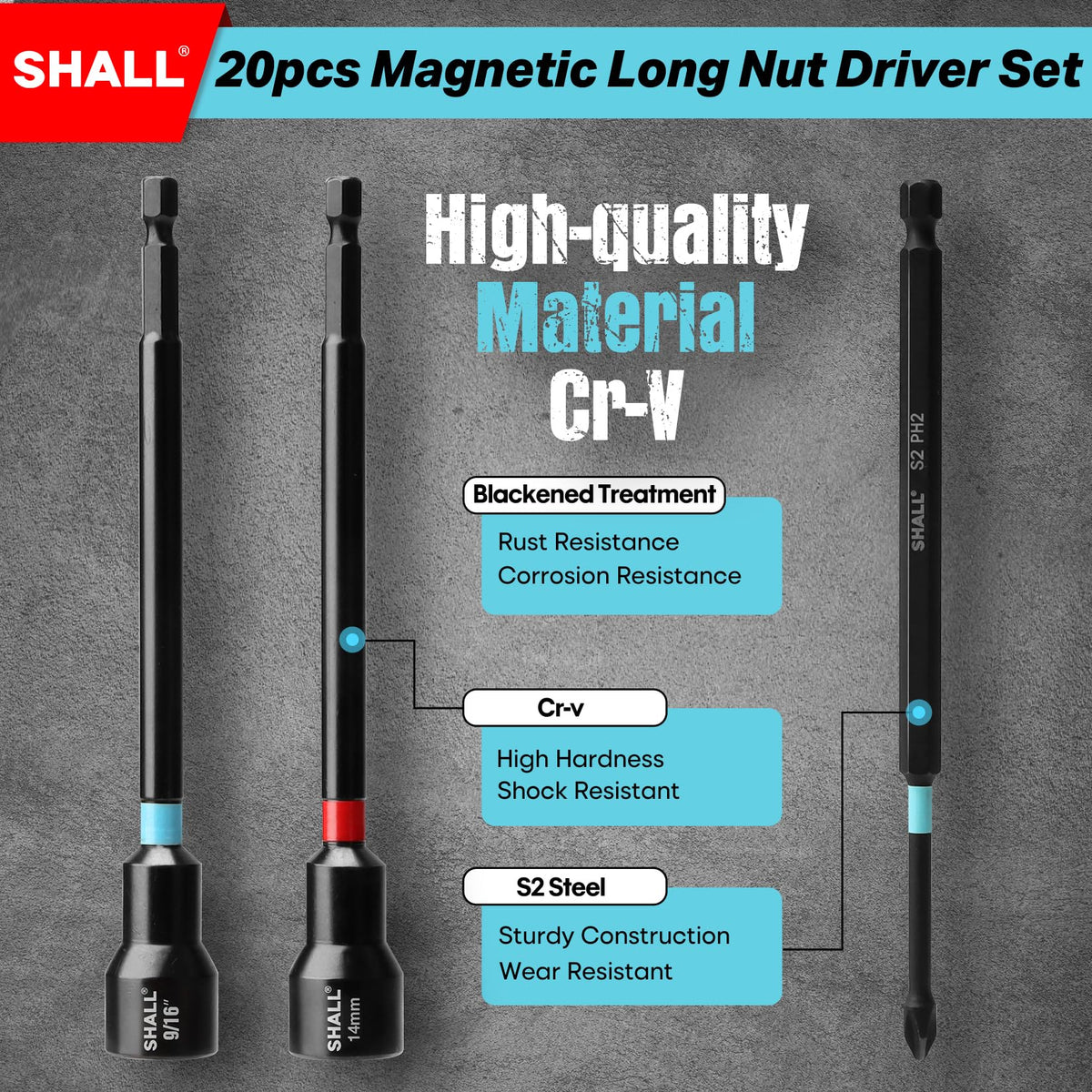 Shall screwdriver bits PH1 PH2 SQ2 T20 for versatile tasks.