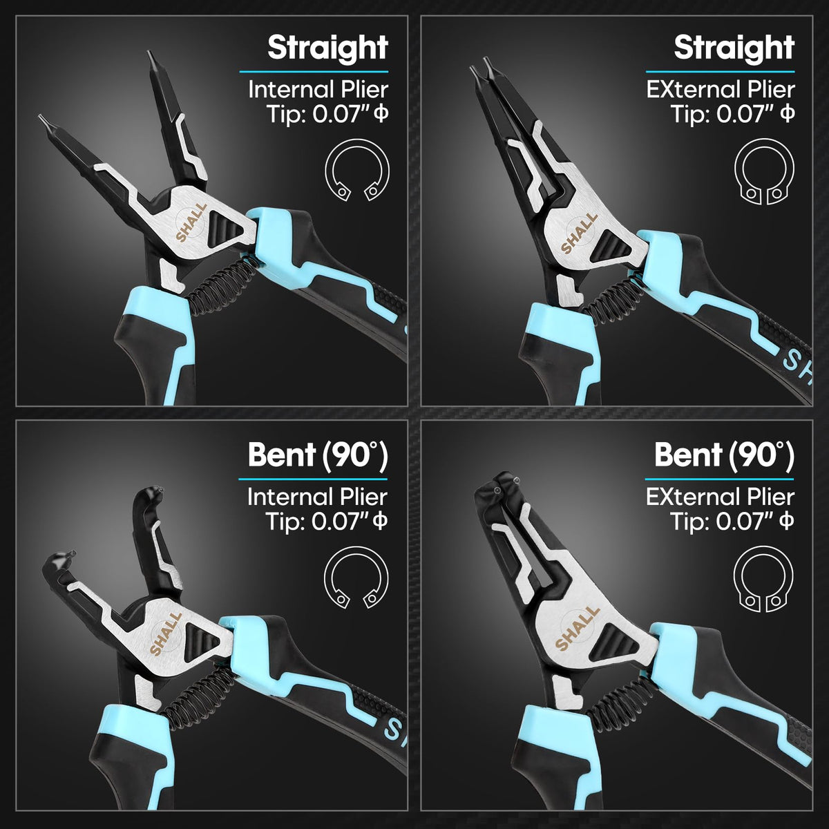 Shall 7 inch external 90 degree snap ring pliers for hard to reach places.