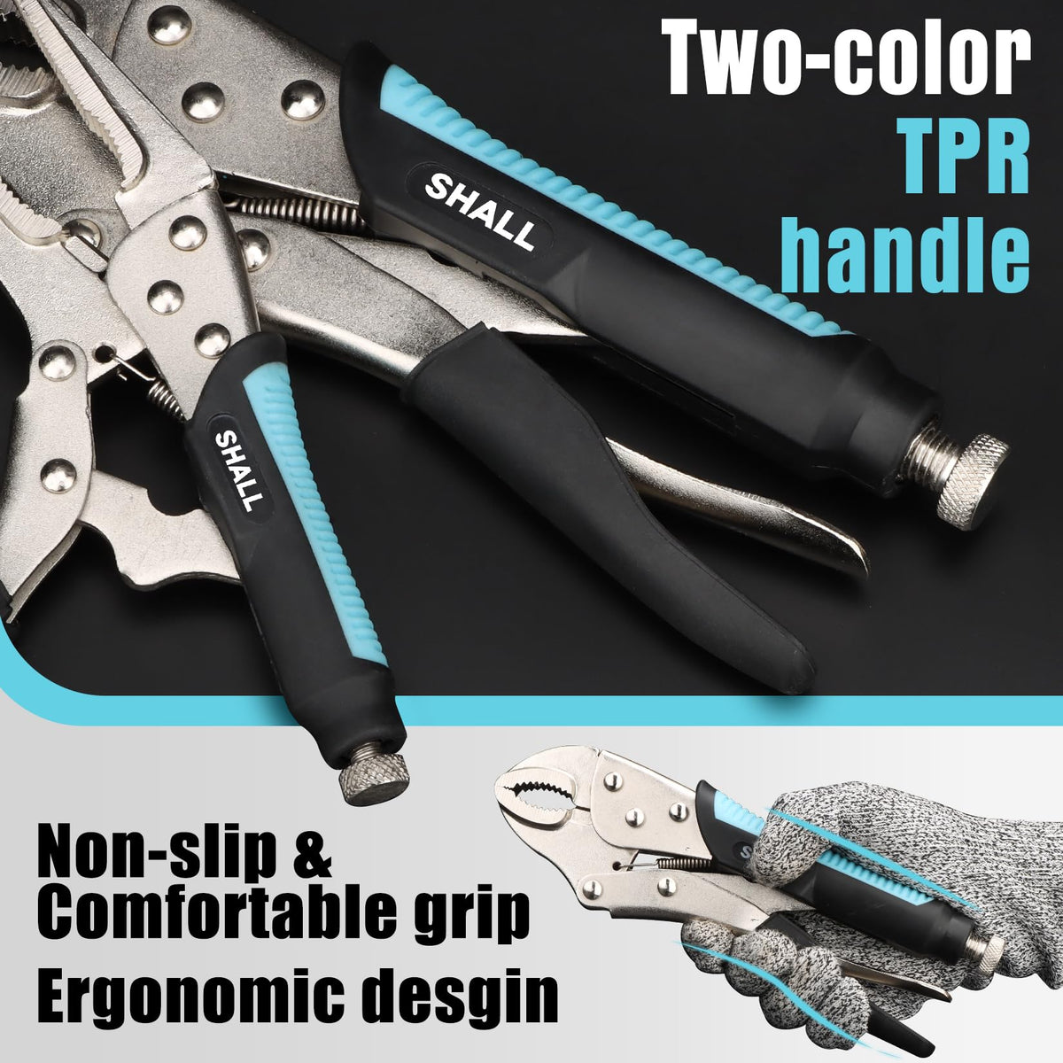 SHALL two-color TPR handle offers non-slip comfort during use.