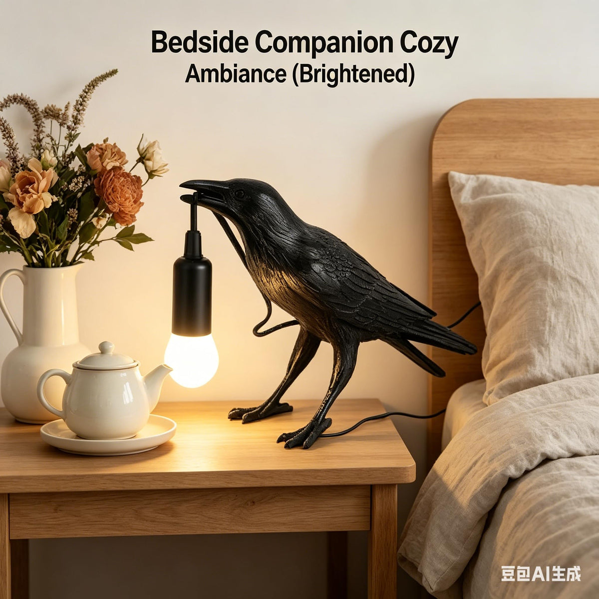 Shandaglo Raven Lamp hand-painted details enhance lifelike crow aesthetics.