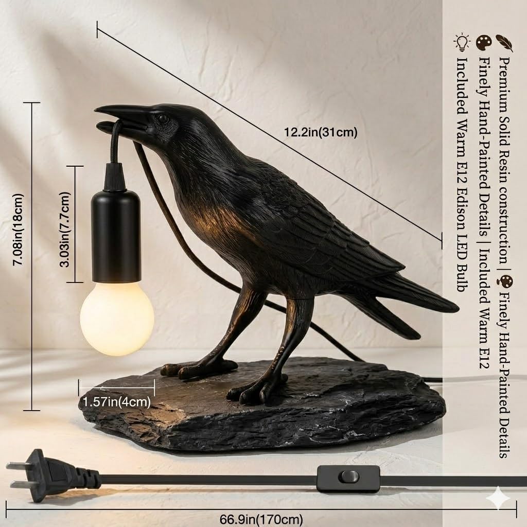 Shandaglo Raven Lamp gothic decor for Halloween or night-time ambiance.