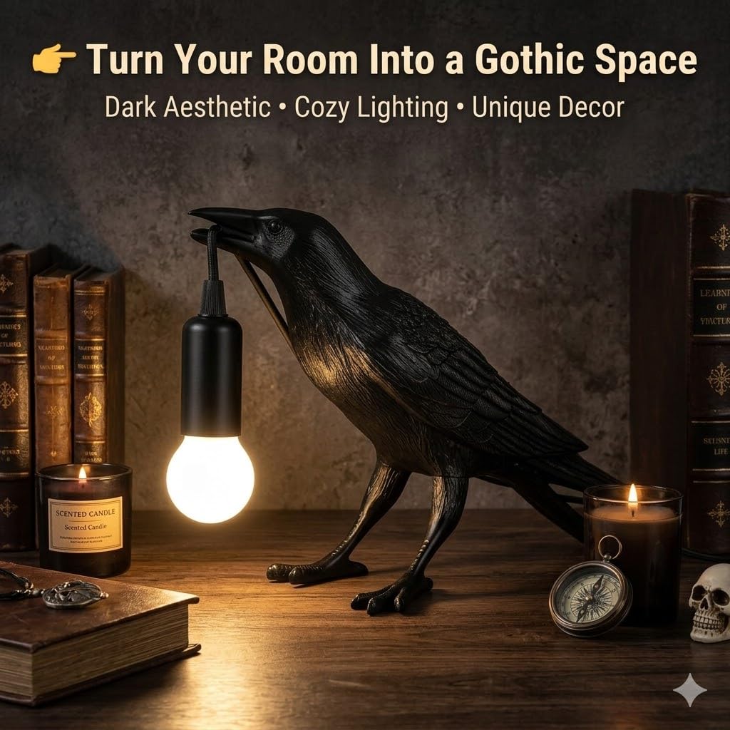 Shandaglo Raven Lamp features LED bulb inside for warm ambient lighting.