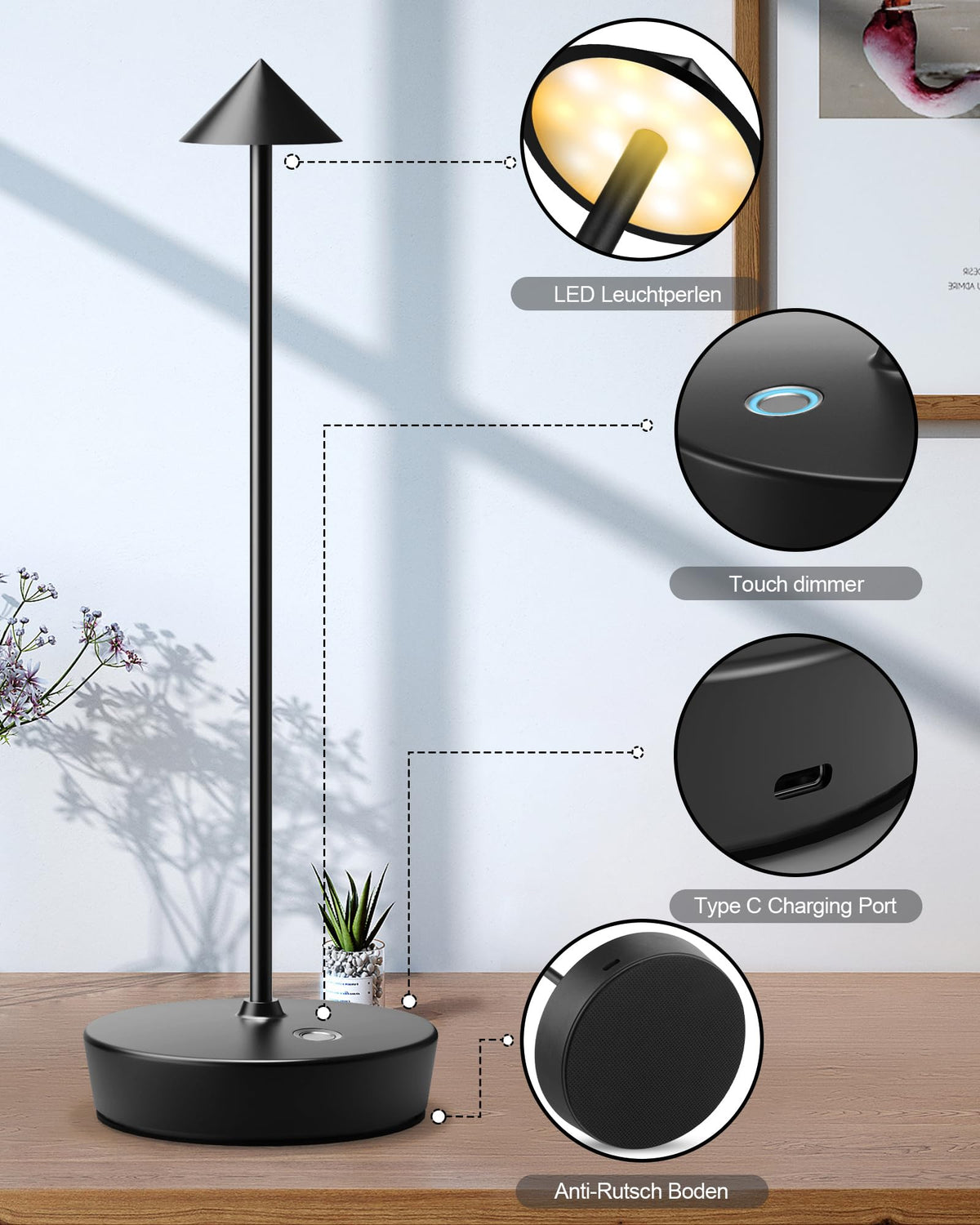 SHANGCAI pack of 2 black cordless lamps for versatile use.