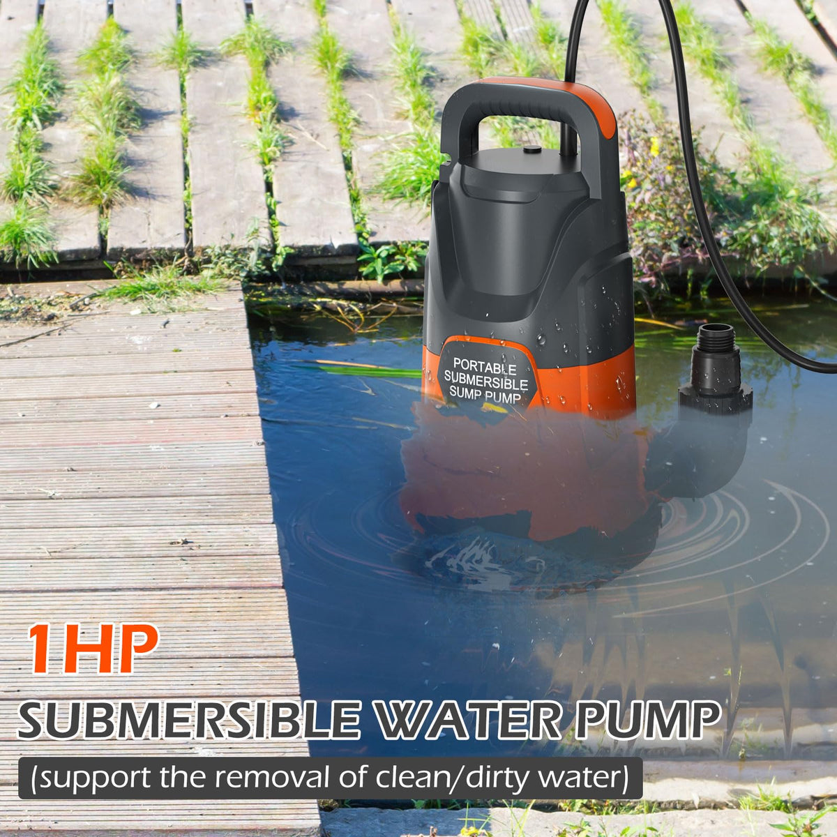SHANGDA sump pump 1HP motor label highlights power for fast water transfer.