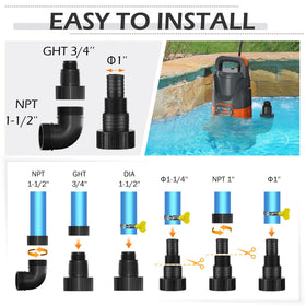 SHANGDA sump pump adapters and hoses show flexible connection options.