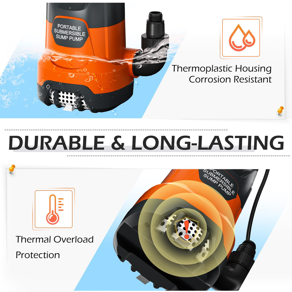 SHANGDA sump pump thermal overload protects during heavy draining tasks.