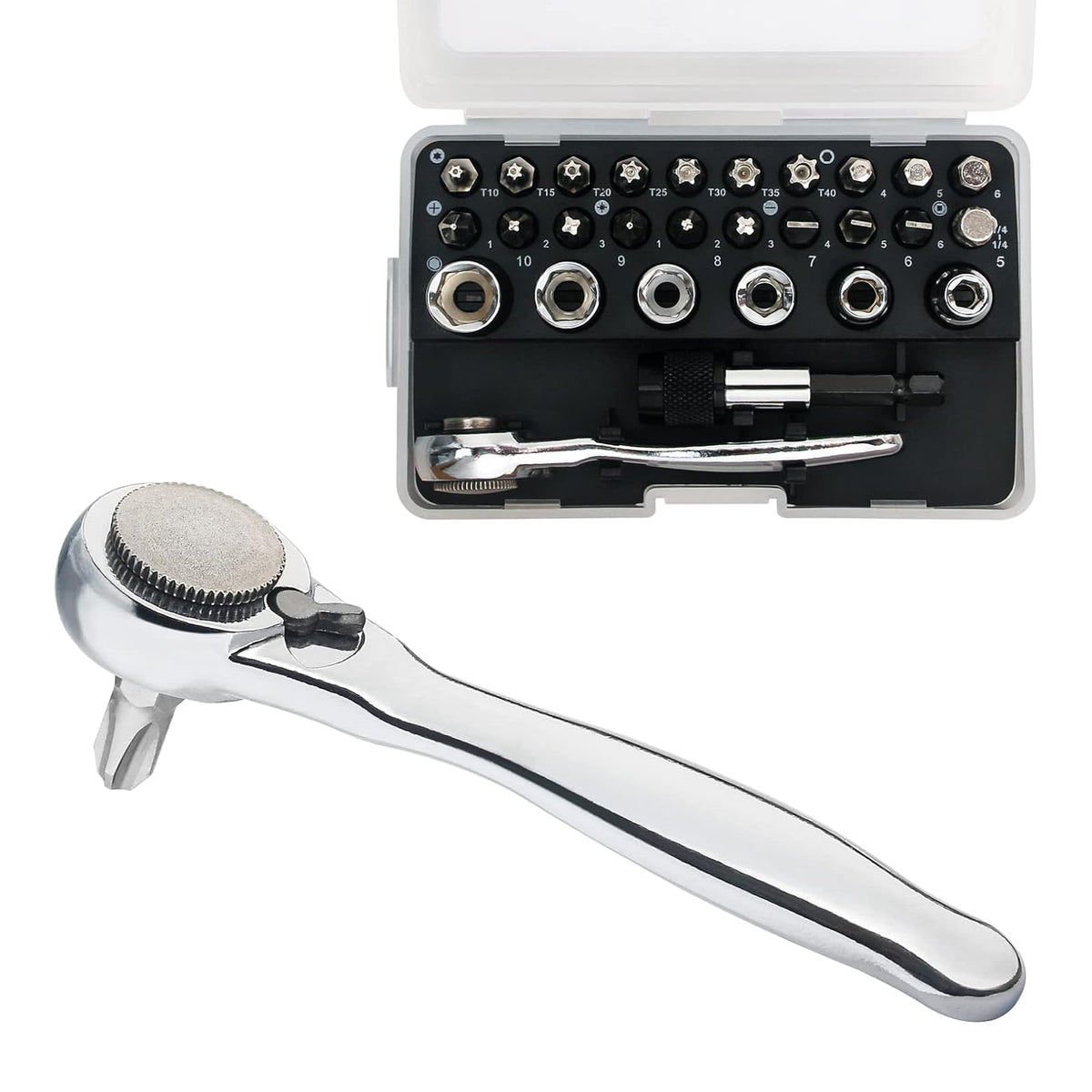 Sharden 1/4 mini ratchet set with case and sockets for tight spaces.