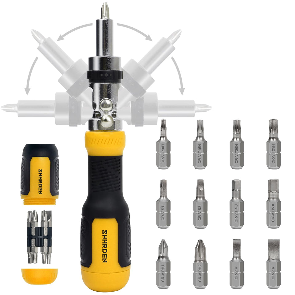 SHARDEN 13-in-1 screwdriver with pivoted angle for tight spaces and better reach